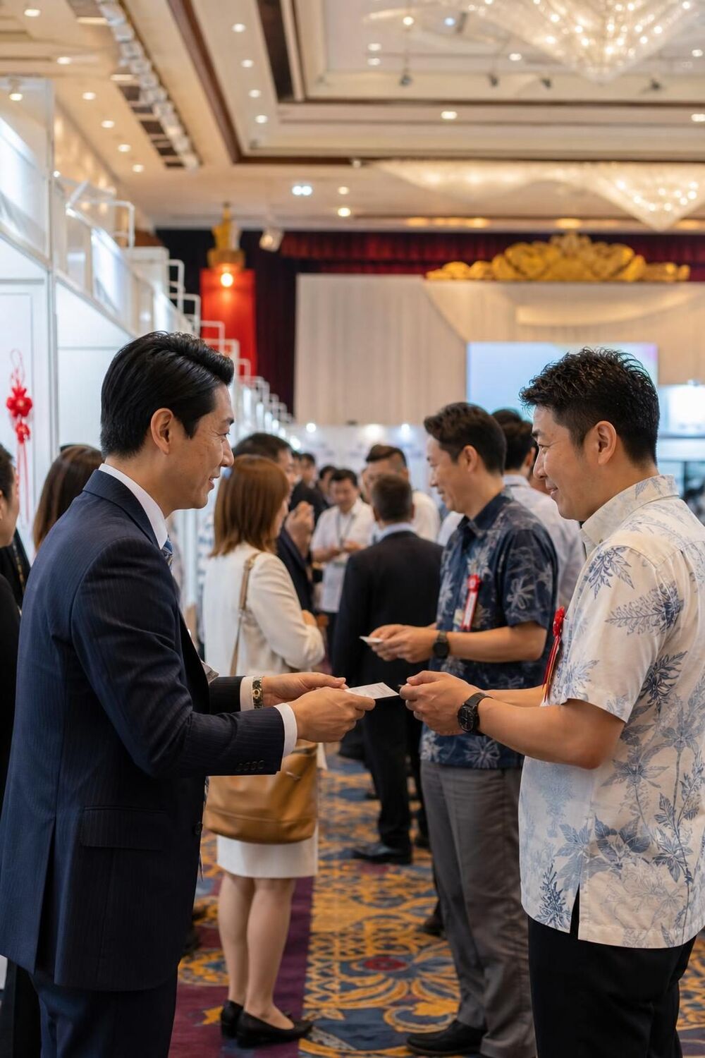 記念イベントの会場のイメージ。出展ブースの前で名刺交換をする人たち
